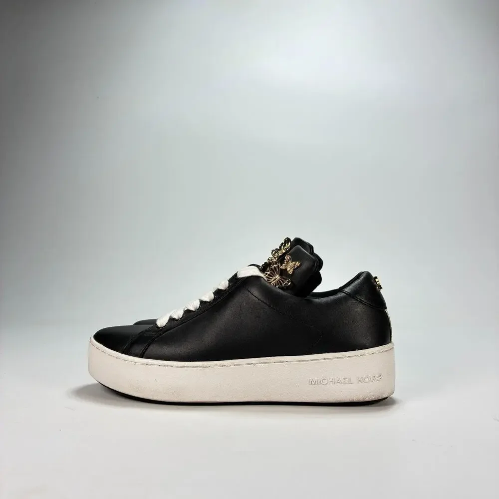 Michael Kors Mindy Black Leather Gold Tone Butterfly Sneakers Shoes Youth Sz 5M